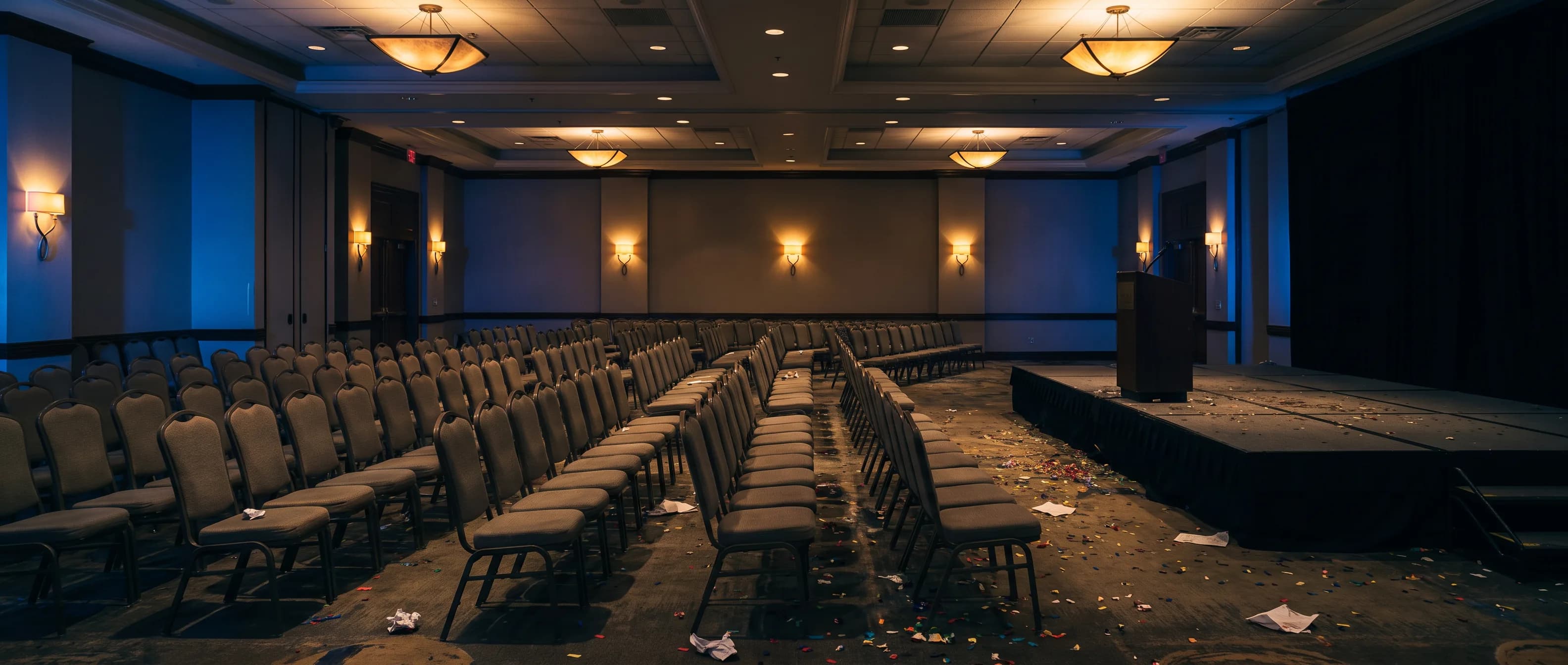 A conference hall after the event: rows of empty chairs, a bare stage, warm wall lights, and paper left on the carpet.