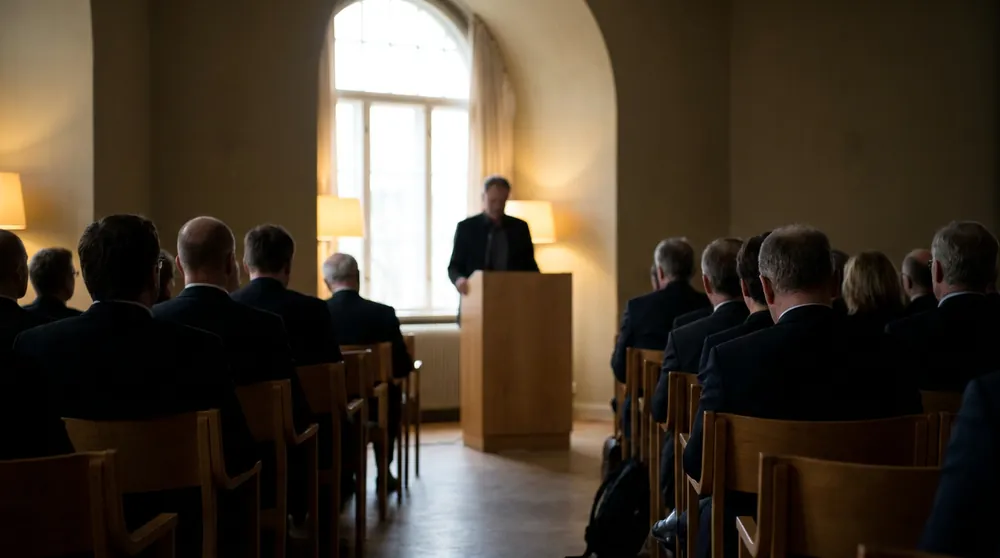 A session in progress seen from the side of the room: a speaker at a lectern and rows of seated people, all from behind.