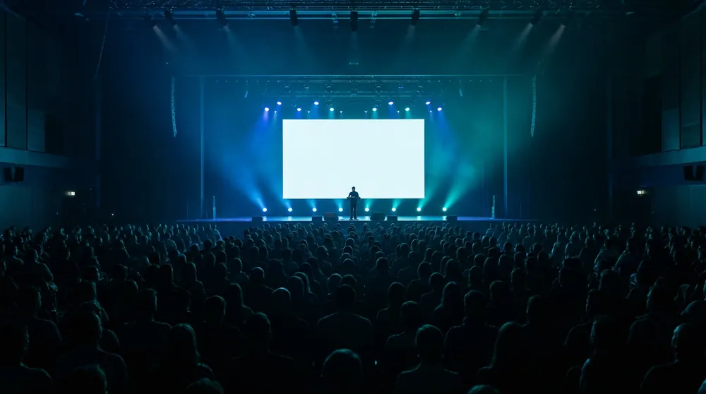 A conference hall from the middle of the audience: a lit stage, a bright blank screen and a speaker in silhouette.