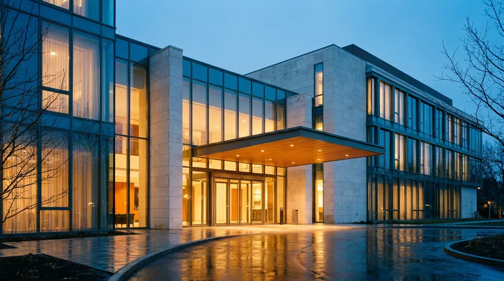A modern conference hotel at dusk: a glass and pale stone facade, warm lit windows and a broad entrance canopy over wet pavement.