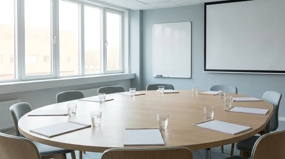 A workshop room set for a round table: an oval table with notepads and glasses, a blank screen on the wall, daylight from a window wall.