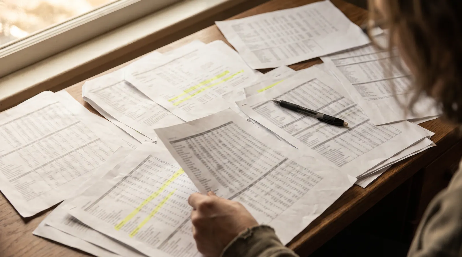 A desk covered with printed spreadsheets, rows of figures too small to read, several lines struck through with a yellow highlighter, a pen resting on top and a hand lifting one sheet.