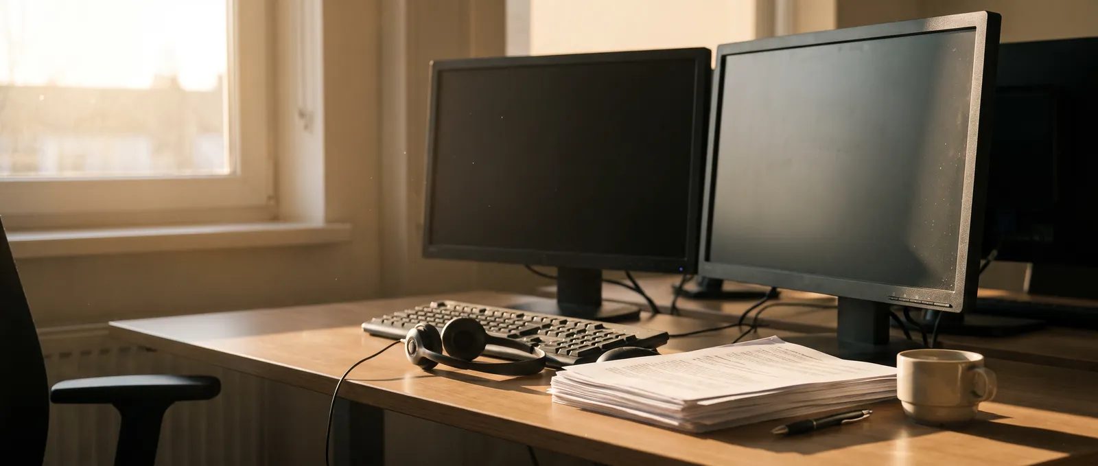 An office desk early in the morning: two dark monitors, a headset beside the keyboard, a thick stack of printed paper and a cup, with low sun raking across the surface.