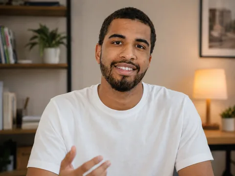 A student in a white t-shirt smiling at the camera in front of a bookshelf.