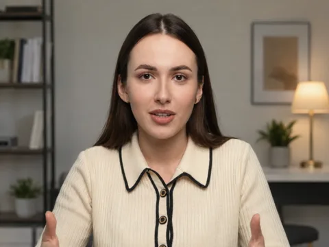 A teacher in a cream collared cardigan speaking to camera from a home study.