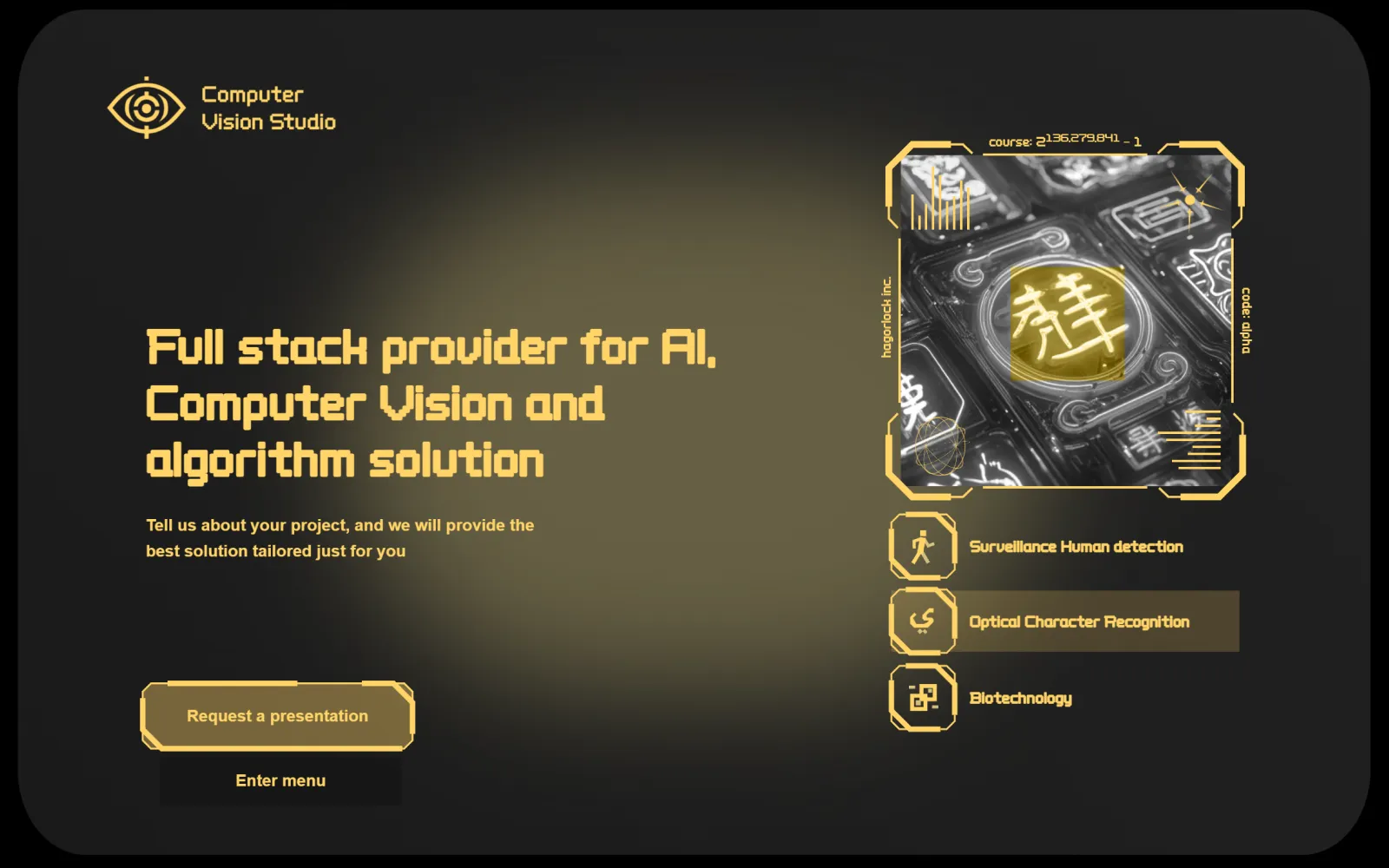 Dark amber landing page reading “Full stack provider for AI, Computer Vision and algorithm solution”, with service entries for surveillance, OCR and biotechnology.