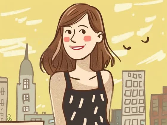 An illustration of Ana, a young woman in a black summer dress, standing in front of a drawn city skyline.
