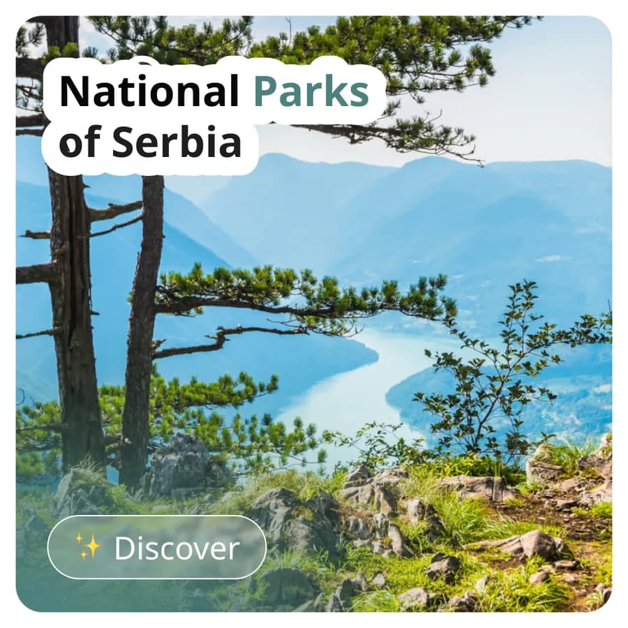 Social post labelled Discover: a river bend seen through pines, headline reading National Parks of Serbia.