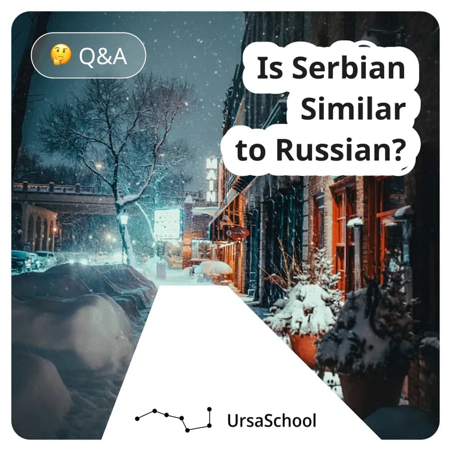 Social post labelled Q and A: a snowy street at dusk, headline in white speech bubbles reading Is Serbian similar to Russian, with the constellation logo below.