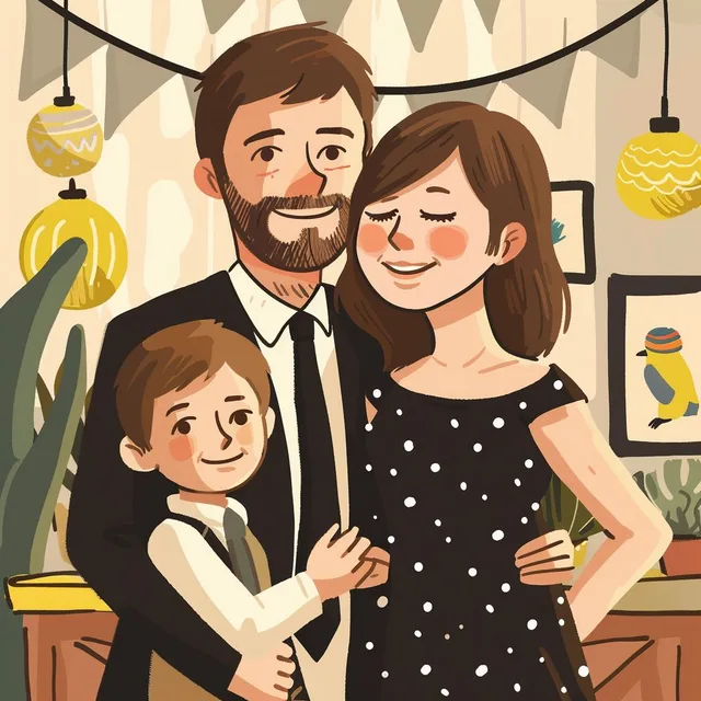 An illustration of a family at a celebration: a bearded man in a suit, a woman in a polka-dot dress and a boy holding on to them.