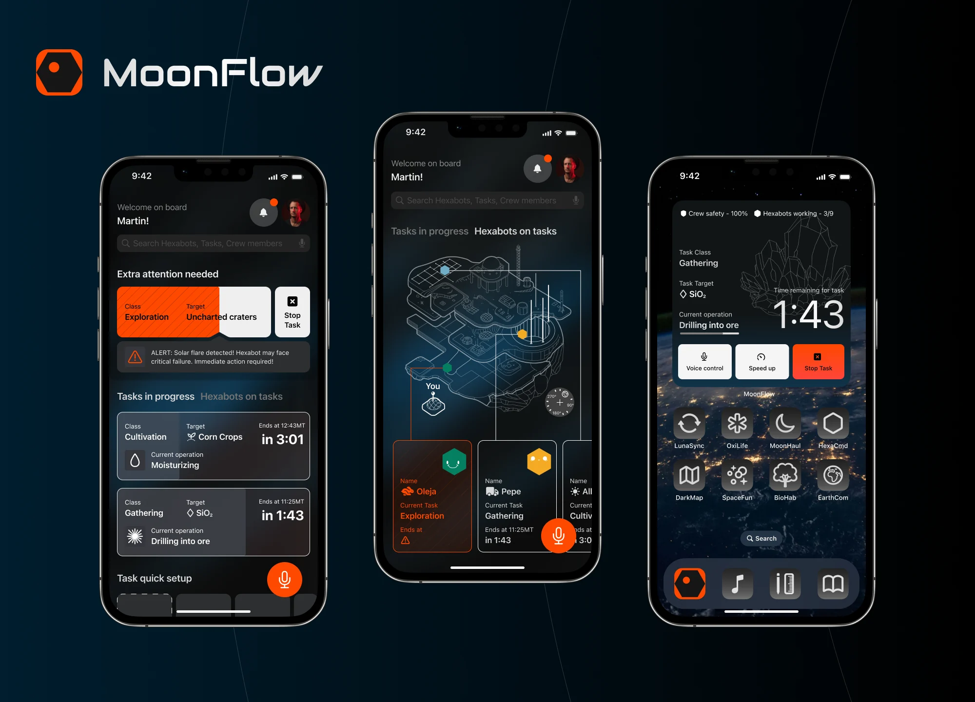 Three phone screens on a dark blue field under the MoonFlow logo: a dashboard of tasks in progress with a solar-flare alert, an isometric map of the lunar base with the robots on it, and a home screen whose MoonFlow widget counts down the current task.