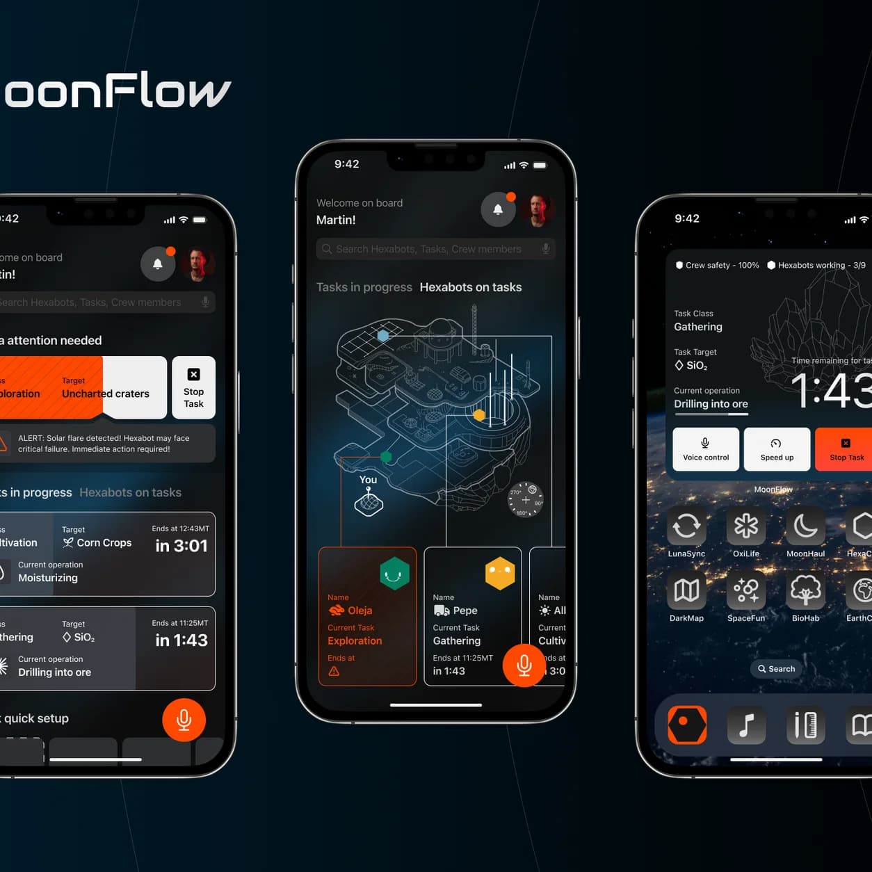 Three phone screens of the lunar-base app: tasks with countdowns, an isometric map of the base, and a task detail with voice control.